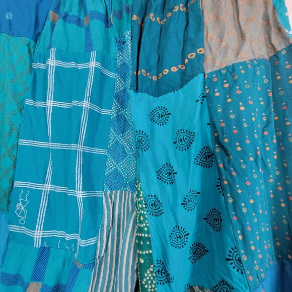 Women's Boho Patchwork Cropped Harem Pants Elastic Waist Rayon Turquoise Green - Picture 3 of 9